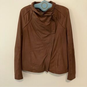 Elie Tahari Lamb Leather Moto Jacket Chocolate Brown Knit Cowl Collar Size M